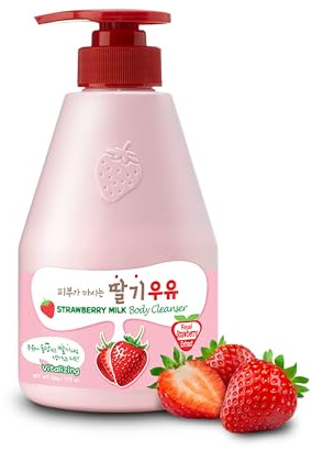Kwailnara Strawberry Milk Body Wash (19.75 Fl Oz) – Korean Body Cleanser for Hydrated & Smooth Skin | Milk Protein, Royal Jelly & Exfoliating Strawberry Extract | Paraben-Free with Gentle Bubbles