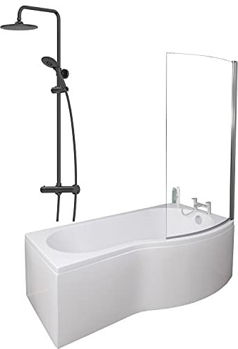 1700 x 900mm Right Hand P-Shaped Curved Shower Bath Bathroom Bathtub Glass Shower Screen Front End Panel & Thermostatic Mixer Shower Set Handheld Black Round Rainfall Head
