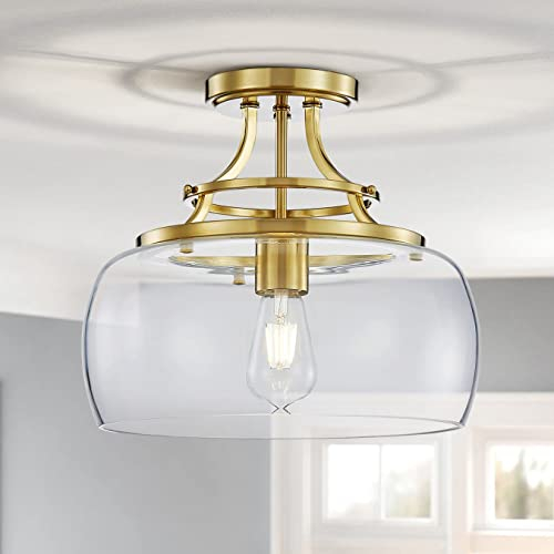 WUZUPS araña rústica casa de campo industrial redonda semi-empotrado techo led lámpara con pantallas de vidrio transparente para el baño cocina vestíbulo entrada, h 30 x w 34, base e27, oro cepillado