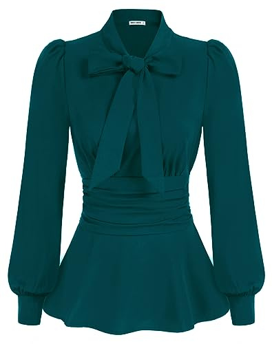 GRACE KARIN - Camicetta da donna a maniche lunghe, definita in vita e svasata, maniche a sbuffo, decorata con fiocco, Blu verde, M