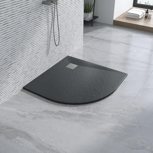 Duschtasse 90x90 cm Viertelkreis schwarz rund flach ebenerdig Steinoptik Anti-Rutsch Zuschneidbar ohne Siphon und Ablaufgarnitur