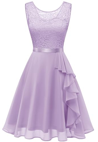 Berylove Damklänning med volangfåll, cocktailklänning, A-linjeskuren spetsklänning, elegant för bröllop, kort aftonklänning, Lavendel, S