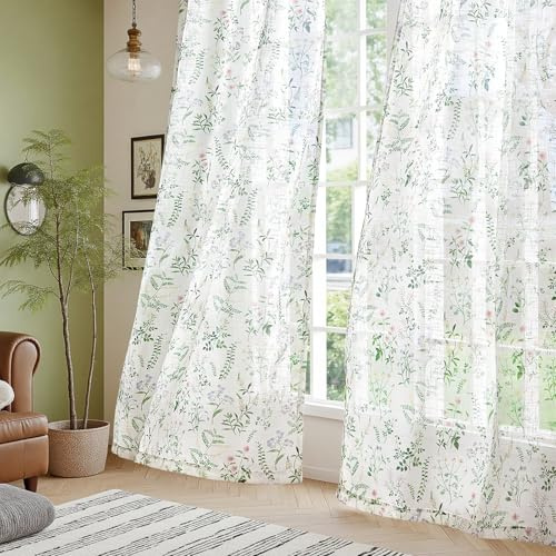 TOPICK Gröna gardiner med veckband ren voile blommor, gardiner för skensystem med dolda slingor, transparent för vardagsrum, fönster, lantlig stil, set om 2, H 175 x 127 (cm)
