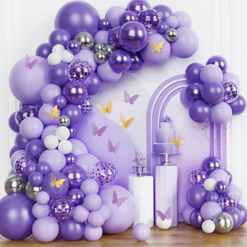 155Stück Lila Luftballon Girlande Set Lila Geburtstagsdeko, 12Pcs Schmetterling Deko für Mädchen Frauen Geburtstag Baby Shower Hochzeit Party Verlobung