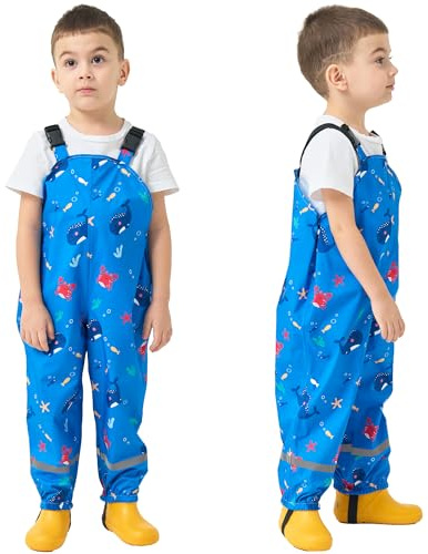Fewlby Kids Waterproof Trousers, Rain Trousers, Bib Overalls, Boys Girls Rain Dungarees, Windproof, Mud Pants, Reflective Strips, Toddler Cartoon, Outdoor Rainwear, 4-5 Years, Navy