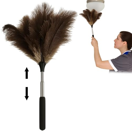 Extendable Feather Duster, 116cm Ostrich Feather Duster Extendable and Reusable, for Cleaning Extra Long Duster, for Cleaning High Ceilings Lights, Cupboards, Home, Car, Office