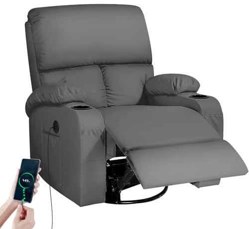 Schaukelstuhl mit Relaxfunktion Massagesessel mit Vibration und Wärme, USB- und Type-C-Anschlüsse, 360° Drehbare Kunstleder Stühle für Wohnzimmer, Schlafzimmer, Kinderzimmer, Wohnmobil, Dunkelgrau