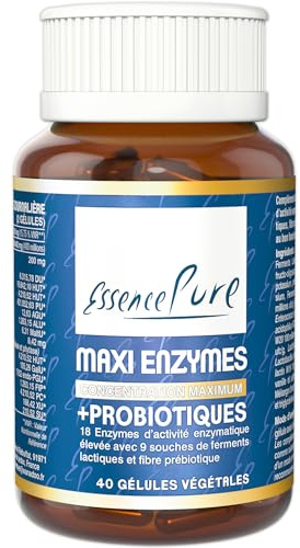 Enzymes Digestives et Probiotiques, Essence Pure, 40 Gélules | Formule de18 Enzymes Digestives, Probiotiques, Prébiotiques et Lactase, Microbiote, Digestion et Équilibre Intestinal