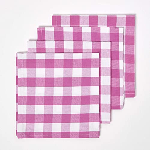 HOMESCAPES - Servilletas de Mesa con Azulejos Grandes de Vichy, Juego de 4, Ropa de Mesa de algodón Liso, Rosa