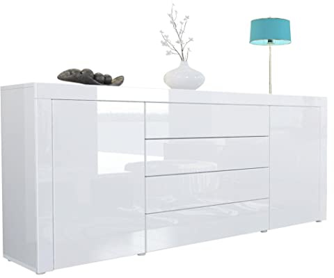 Vladon Sideboard Kommode La Paz, Made in Germany, Korpus in Weiß Hochglanz/Front in Weiß Hochglanz mit Rahmen in Weiß Hochglanz