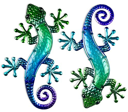 HONGLAND Metal Wall Art 2 Pack, 15 Gecko Garden Ornaments Outdoor, Hanging Lizard Garden Wall Art Decor for Fence, Patio & Home