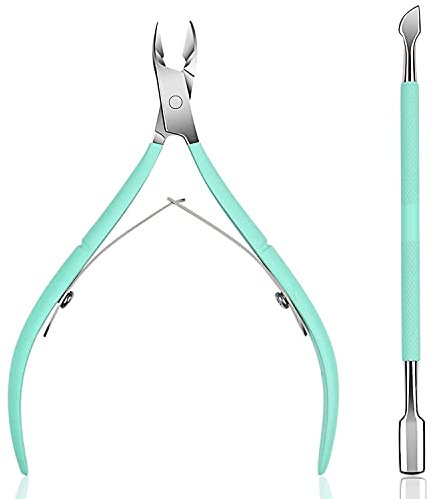 Nagelhautzange mit Nagelhautschieber, professioneller Edelstahl, Nagelhautentferner und -schneider, langlebiges Maniküre- und Pediküre-Werkzeug (grün)