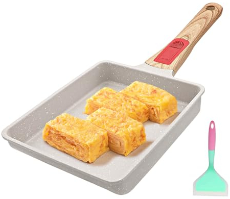 AIKENBBKK Japanese Omelette Pan Nonstick, Tamagoyaki Pan for Egg Roll with Detachable Handle, Oven Safe, 19x16 cm (White)