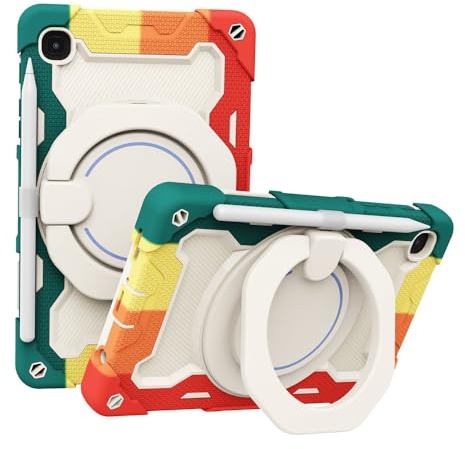 JZ Handheld Rotating Ring Bracket Armour Silicone Ständer Fall für Samsung Galaxy Tab A7 Lite 8.7 inch (2021) SM-T220 / T225 Tablet - [Schultergurt][Winkeleinstellung] - Colorful Red