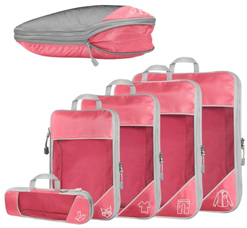 Juego De 5 Cubos De Compresión Para Viajes, Cubos De Compresión Para Organizar El Equipaje, Ultraligeros, Bolsa De Almacenamiento, Organizador De Maletas, Para Mochila Y Maleta (Rosa)