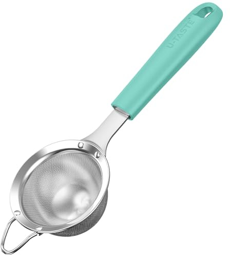 U-Taste finmaskig sil: Kökssil av 18/8 rostfritt stål, liten metallsil med nitade, robust silikonhandtag för siktning av mjöl, dropp av te, ris, Quinoa (Aqua Sky, 8,5 cm)