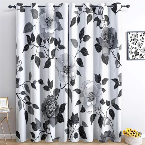 Eyelet Ring Top Blackout Curtains – Thermal Insulated Exquisite Luxury Flowers Print Pattern Soft Window Drapes for Bedroom & Living Room – W 46 x L 54 (2 Panels), Black White