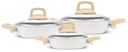 Karaca Swiss Crystal Set de Casserole avec couvercle en verre, 6 Pièces Antiadhésives, Résistantes au Feu, Sans PFAS, Inox, Cuisson Sans Huile, Batterie de Cuisine Saine et Efficace (Crème)