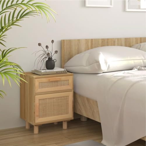 NQJIBUE Beistellschrank aus massivem Kiefernholz und Rattan, Tische, Nachttische, Braun