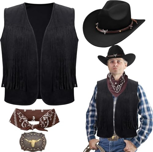 TESIN 4-teiliges Cowboy-Kostüm für Herren – Western-Outfit mit Cowboy-Fransenweste, Hut, Gürtelschnalle und Paisley-Bandana für Halloween und Cosplay