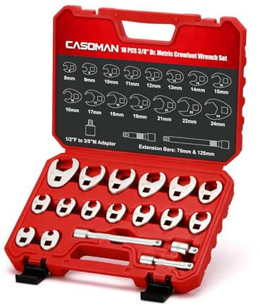 Casoman Hahnenfußschlüssel-Set, 3/8-Zoll-Antrieb, 8-24 mm, offenes Ende, metrisch, CR-MO, mit Adapter und Verlängerungsstangen, 18-teilig