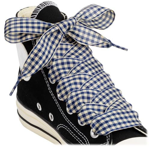 Puzeam 2 Pares Planos Satín Cinta Cordones de Zapatos 25mm Ancho Cordones a cuadros para Zapatillas,botas,Bailarinas Pumps（S-Azul Marino Beige, 120）