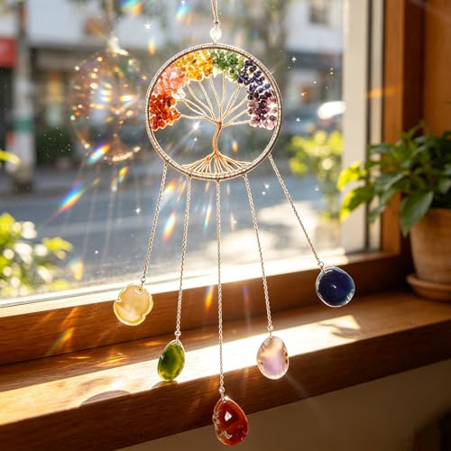 Hoypeyfiy Kristalle Baum des Lebens Traumfänger, natürlicher Edelstein Achat Chakra Schild, Wandbehang, Heimdekoration für Meditation Yoga Wandkunst