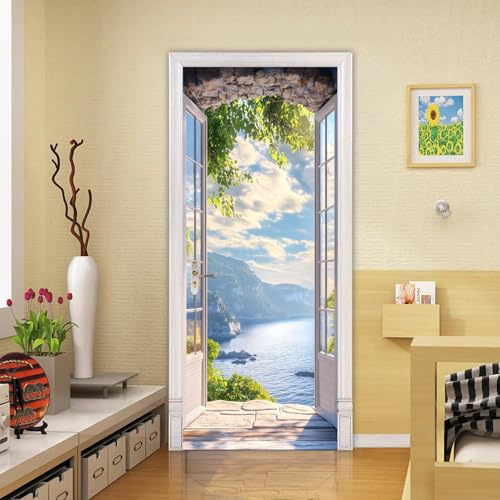 VIRANDA 3D Türtapete selbstklebend - Berge und Seen - Türaufkleber Abziehen und Aufkleben Tür Poster PREMIUM PVC wasserdicht Türfolie Schlafzimmer Küche Dekoration 77x200cm (2 TEILE)