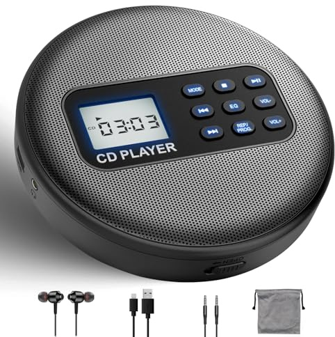 PUSOKEI Lettore CD Portatile Bluetooth, Lettore CD Desktop Ricaricabile con Doppi Altoparlanti e Cuffie da 3,5 Mm, con Display LCD per Auto e Casa