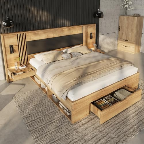 Yrxin Doppelbett 180x200cm, Holzbett Bettanlage mit Leselampe & Nachttisch & Stauraum Schubladen, Funktionsbett Stauraumbett, Bettgestell mit Lattenrost, Ohne Matratze (Naturfarbe-Ohne Matratze)