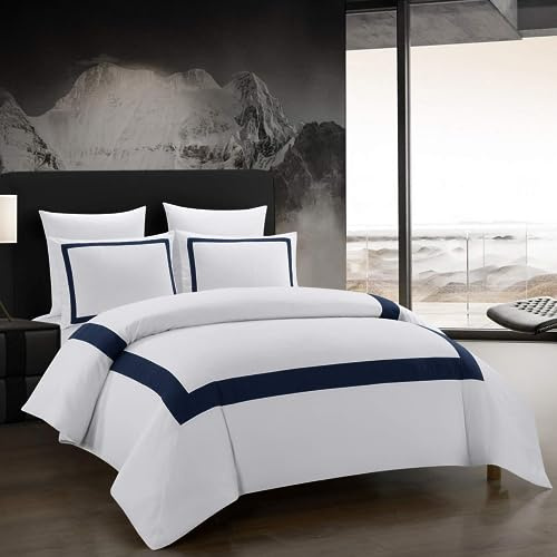 OSVINO Hotel Duvet Cover Set 3Pcs Microfiber Simple Line Style Bedding Set Ultra Soft Quilt Cover Set with Pillowcases, Navy, King