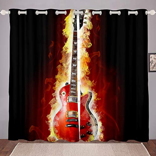 Tbrand - Tende per chitarra per camera da letto, soggiorno, musica rock, per bambini, ragazzi, ragazze, motivo musicale hippie, finestre con tendaggi rossi e neri, W66 x L90