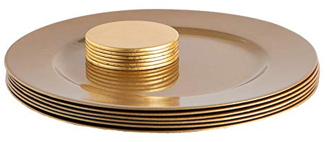 Argon Tableware Metallic Charger Plates & Coasters Set - Gold - 12pc - 33cm - Metallic Finish Reusable Dining Table Setting Plates Drink Placemats for Christmas, Celebrations, Restaurant Decor