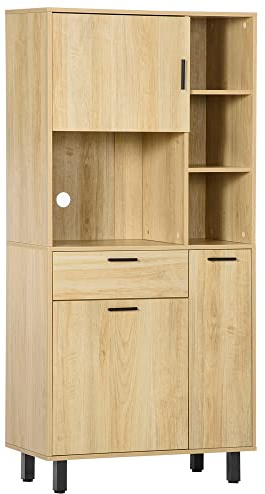 HOMCOM Credenza da cucina, armadio da cucina, con un cassetto, 3 armadi, 4 nicchie e passacavi, altezza 166 cm