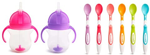 Munchkin Click Lock Tip and Sip Weighted Flexi Straw Cup, 7 oz/207 ml, Purple/Pink, Pack of 2, & Soft Tip Infant Spoons, Pack of 6