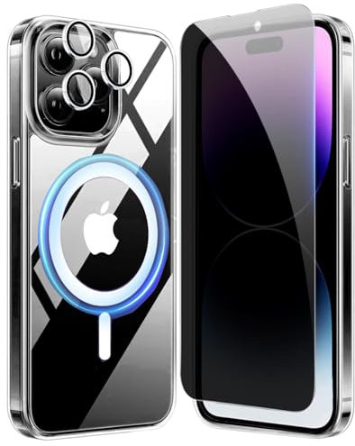 Astter Privacy Case for iPhone 14 Pro,Magnetic Mag Safe Clear Case Anti Spy Screen Protector+Camera Lens Protector 360 Degree Case for iphone 14 Pro case and screen protector MagSafe