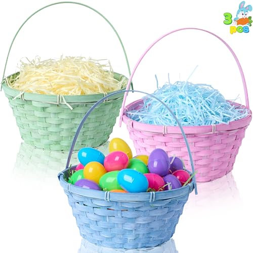 JOYIN 3 cestini pasquali in bambù, blu, rosa, verde, rotondi in tessuto, con manico pieghevole, cestino regalo vuoto per caccia alle uova di Pasqua, dolcetti per feste per bambini, bomboniere da