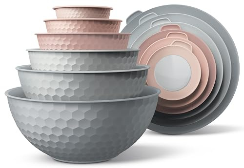 COOK WITH COLOR Mixing Bowls with Lids - 12 Piece Plastic Nesting Bowls Set includes 6 Prep Bowls and 6 Lids, Microwave Safe Mixing Bowl Set, Pink Embossed