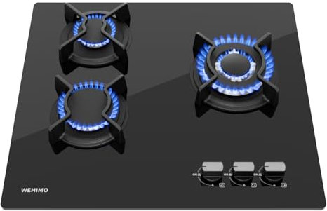 Wehimo - Placa de cocina de gas de 3 fuegos, placa de gas de 3 fuegos empotrable, mesa de cocción 60 cm, rejilla hierro fundido, 7750 W, cristal negro