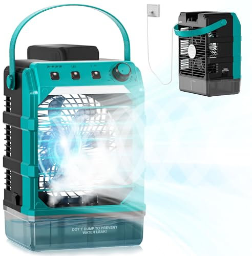Ventilator mit Wasserkühlung Kompatibel für Makita 18V Akku und USB-betrieben，Luftkühler mobil mit Wasserkühlung,Ventilator mit Luftbefeuchter für Terrasse, Garage Urlaub Sport Büro Garten