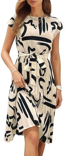 FUPODD Sommerkleid Damen Knielang Elegant Plissee Kleider Mit Gürtel Sommerkleider Damen Leicht Und Luftig Damenkleider Frauen Sommer Kleid Geblümt Strandkleid Schwingen Freizeitkleider Plisseekleid