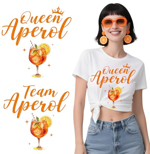 Bügelbild für Textilen, 8x Transfer Aufkleber Apero Spritz Deko Geschenk zum Aufbügeln Apero Shirt Orange Selbst Gestalten Bügelfolie Tasche Socken Team Apero Aperolliebhaber Geschenkidee