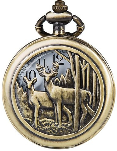 DerMacht Pocket Watch with Chain Deer Reindeer Woodland Men Smooth Bronze