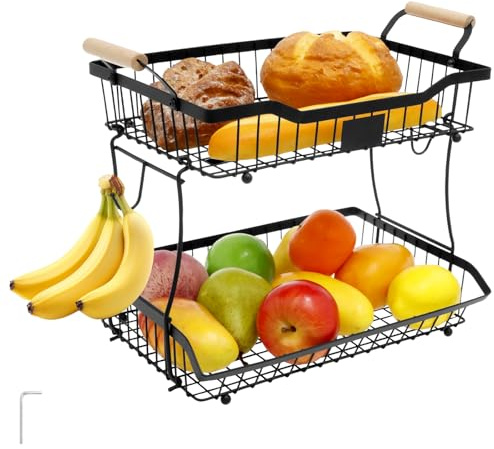 HAIJED 2 Tier Metal Fruit Basket with Banana Hangers, Portable Modern Fruit Storage Rack, Iron Vegetable Basket Countertop Fruits Bowl for Vegetables, Snacks in Home and Kitchen
