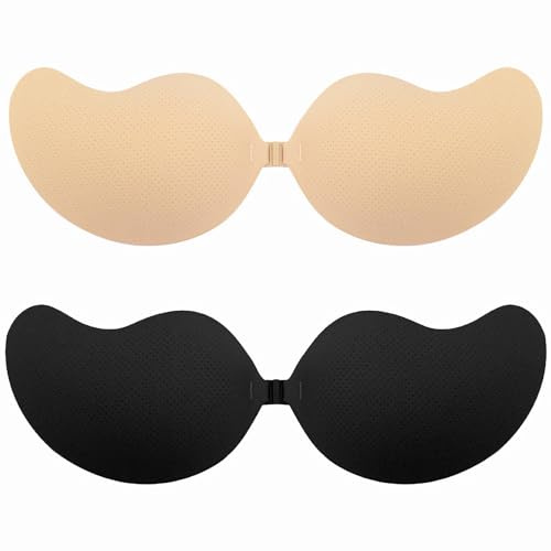 AWXUOCK Invisible Strapless Bras Reusable Stick On Bra Skin-Friendly Sticky Push Up Adhesive Bra for Party, Bar, Wedding, Beach, Backless for Women (UK, Cup & Band, E, Beige+Black)