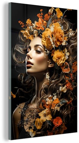 MuchoWow© Glasbild Wall Art Decoration Bilder für die Wand Schlafzimmer | 40x60 cm - Deko Canvas Painting Wanddekoration Wohnzimmer Frau - Porträt - Blumen - Bunt