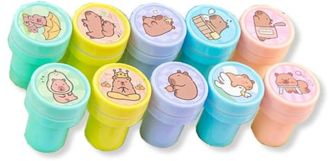 ZORVYN 10 Stück Selbstfärbendes Stempelset für Kinder, Niedliche Spielzeugstempel aus Plastik, Kinder Briefmarken, für Spiel, Spaß, Hobby und mehr (Capybara Tiere)
