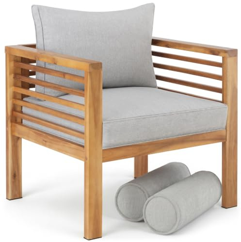 tectake® Lounge Gartenstuhl, moderner Holz Gartensessel, Balkonstuhl mit Sitzpolster und Kissen, Sessel mit Polster für Balkon und Garten, als Terrassenstuhl, Gartenmöbel outdoor wetterfest - 1 Sessel