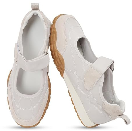 COOLLULU Mary Jane Shoes Sneakers for Women Fashion Ballet Sneakers Wide Toe Box with Non Slip Sneakerinas Retro Tennis Lightweight Flats Footwear for Daily Walking Causal Dressy,Off White,US10