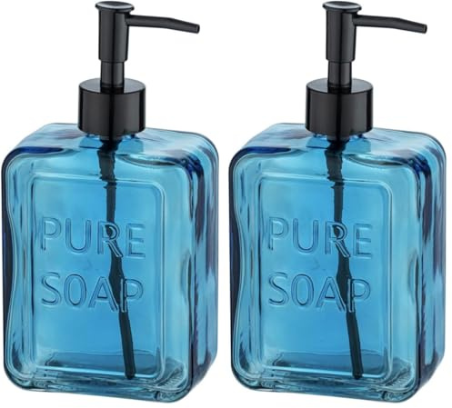 WENKO Distributeur de Savon Pure Soap, Distributeur de Savon Liquide Rechargeable en Verre, Distributeur de désinfectant pour la Cuisine, la Salle de Bain, 550 ML, 9,5x20x6cm, Bleu (Lot de 2)